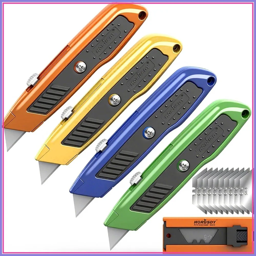 

4-Pack Box Cutter Utility Knife, Heavy Duty Aluminum Retractable, for Cardboard Boxes, Extra 10 Blades