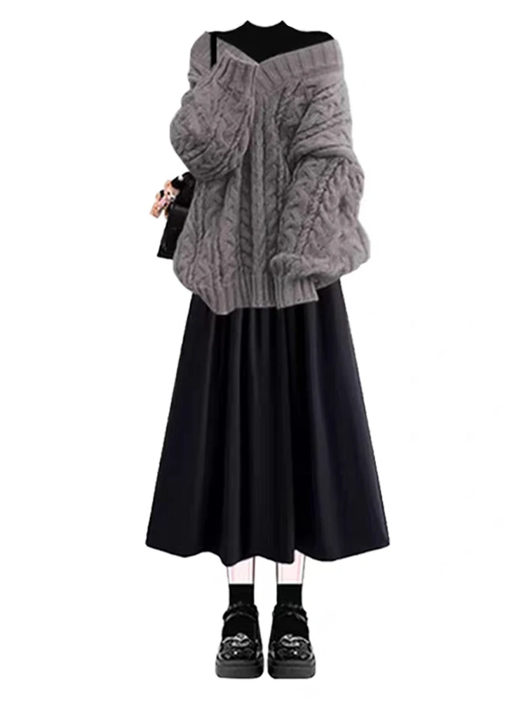 Faionable suéter de punto Dr conjunto de dos piezas oulder Bared Ele traje de invierno falda Midi de cintura alta prenda de punto larga