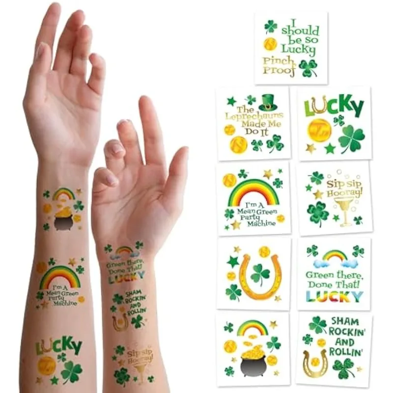 

St Patrick Day Temporary Tattoos Clover Rainbow Coin Leprechaun Hat Irish Theme Tattoo for St Patricks Day Kids Party Decoration