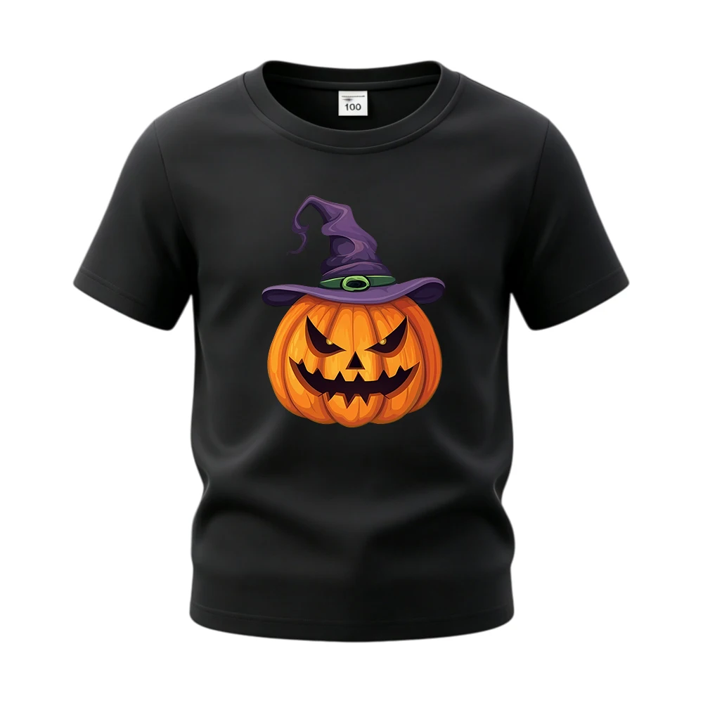 Spooky Pumpkin Kids Cotton Short Sleeve T‑Shirt Soft Halloween Casual Daily Tops Tees Shirts Boys Girls Children