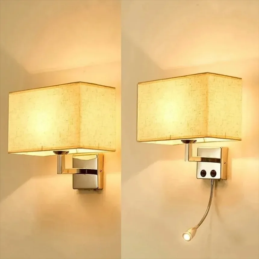 Nordic Square Fabric Wall Lamp with Switch LED Reading Wall Lamp Bedroom Bedside Living Room Background Wall Room Decor Lamp