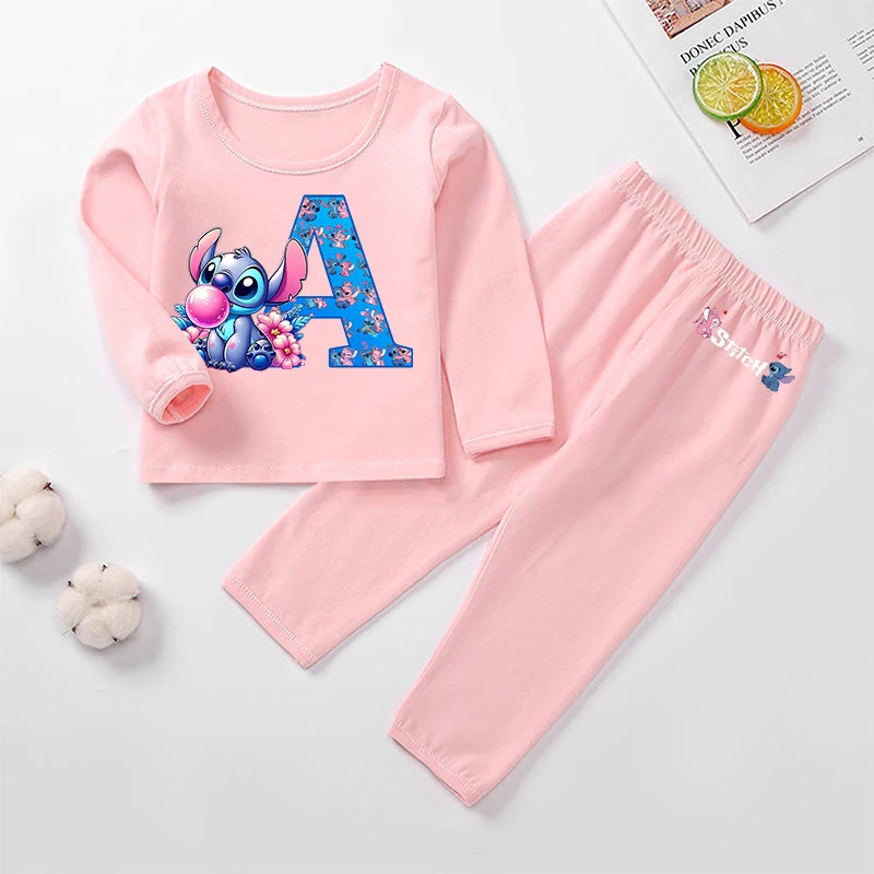 

Stitch Disney Boys Girls Child Home Clothes Pajamas Winter Warm Thermal Underwear Long Sleeve Tops Trousers Set Loungewear Gifts