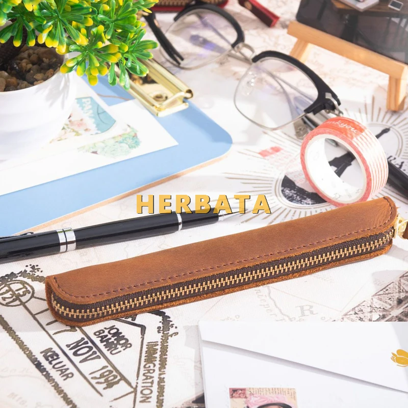 Crazy Horse Leather Retro Minimalist Zipper Protective Pen Sleeve Mini Pencil Case Portable Bag School Supplies Storage Pouch