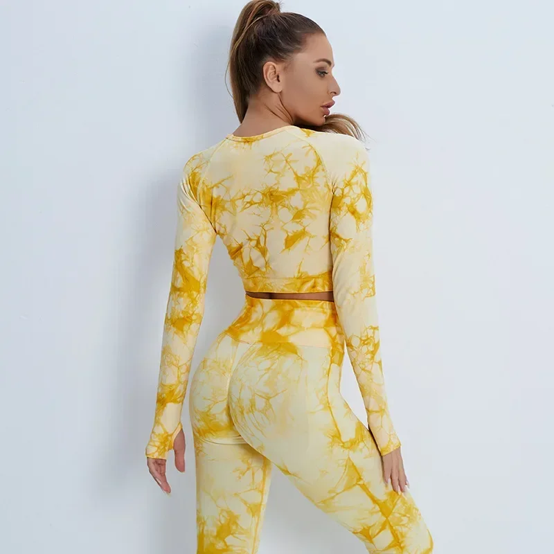 Yoga Set Tie Dye Active Wear Fitness Long Sleeve Top and Leggings Women Seamless Workout Clothes Sport Two Piece Gym Set Women