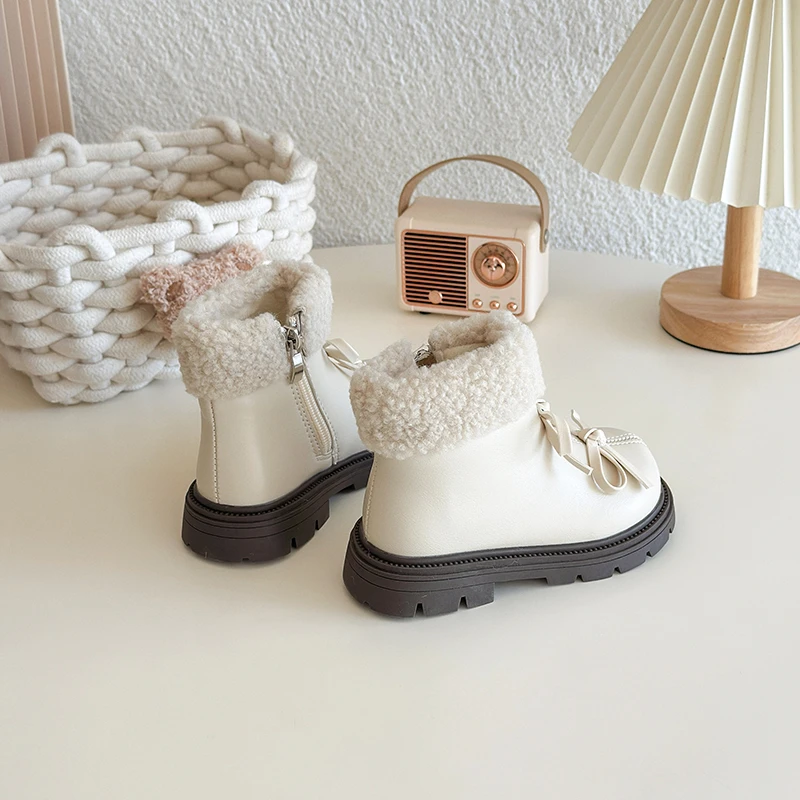الفتيات مبطن أحذية جلدية أنيقة 2-18 سنة سميكة القوس شعر الفتيات أحذية قطنية الشتاء البيج لينة عدم الانزلاق أحذية أطفال طويلة الرقبة #4