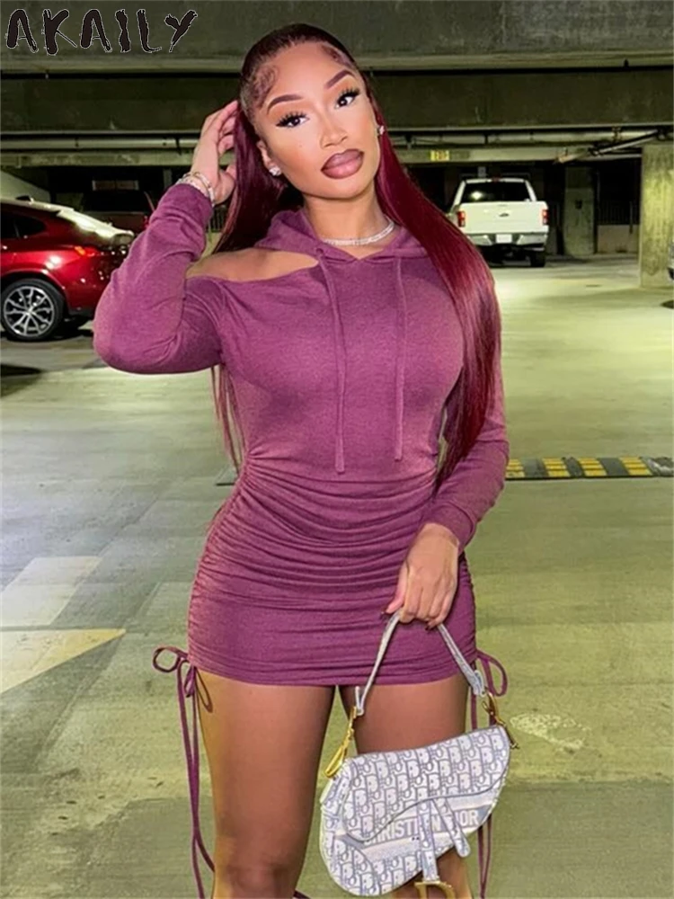 

Akaily Winter Purple Cold Shoulder Sweatshirt Mini Dress Party Club Outfit For Women 2024 Hooded Drawstrings Ruched Short Dress