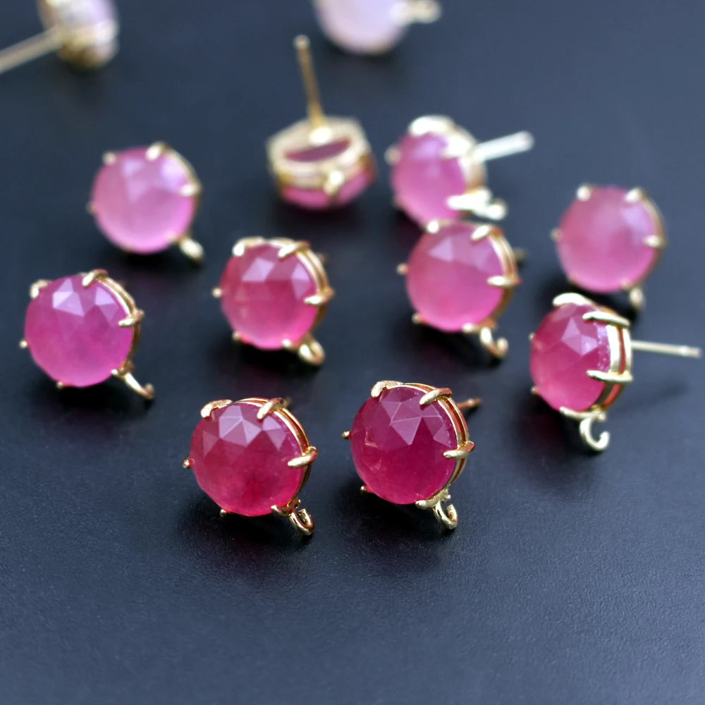 6pair DIY Jewelry Accessories Colors Stone Ear Posts Round Light Blue Green Quartz Stone Earring with Loop Connectors