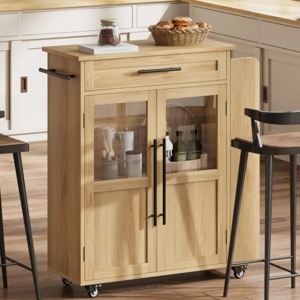 

Kitchen Island,Multi-Functional Island Table with 2 Glass Door Cabinets and 1 Drawer,Counter Table with Spice Rack and Towel Bar