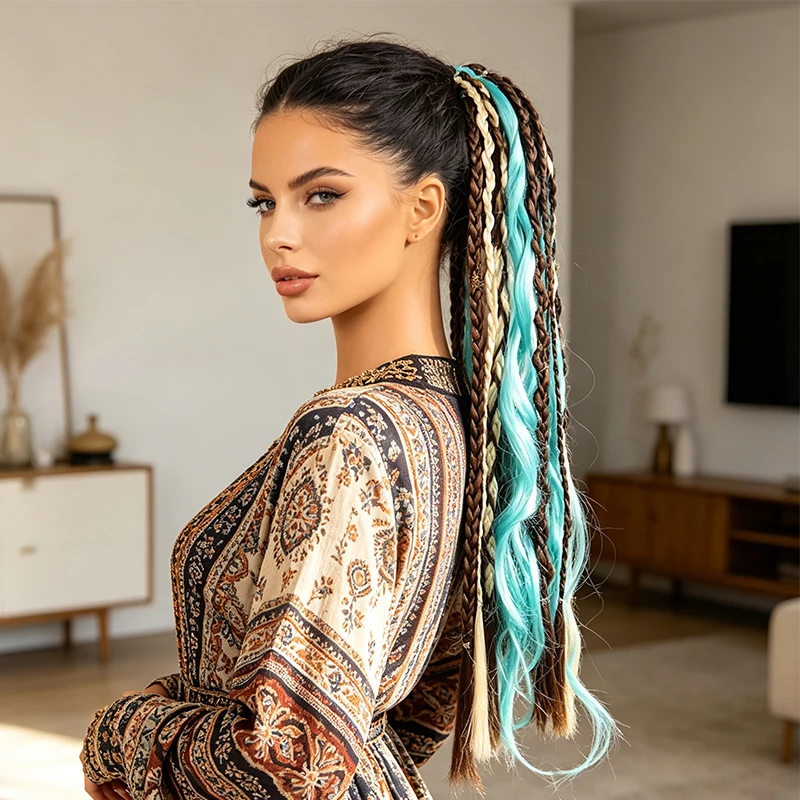 Synthetic Hair Braided Ponytail Wig Turquoise Mix Drawstring Hairpiece Long Bohemian Braid Hair Extension For Women Party