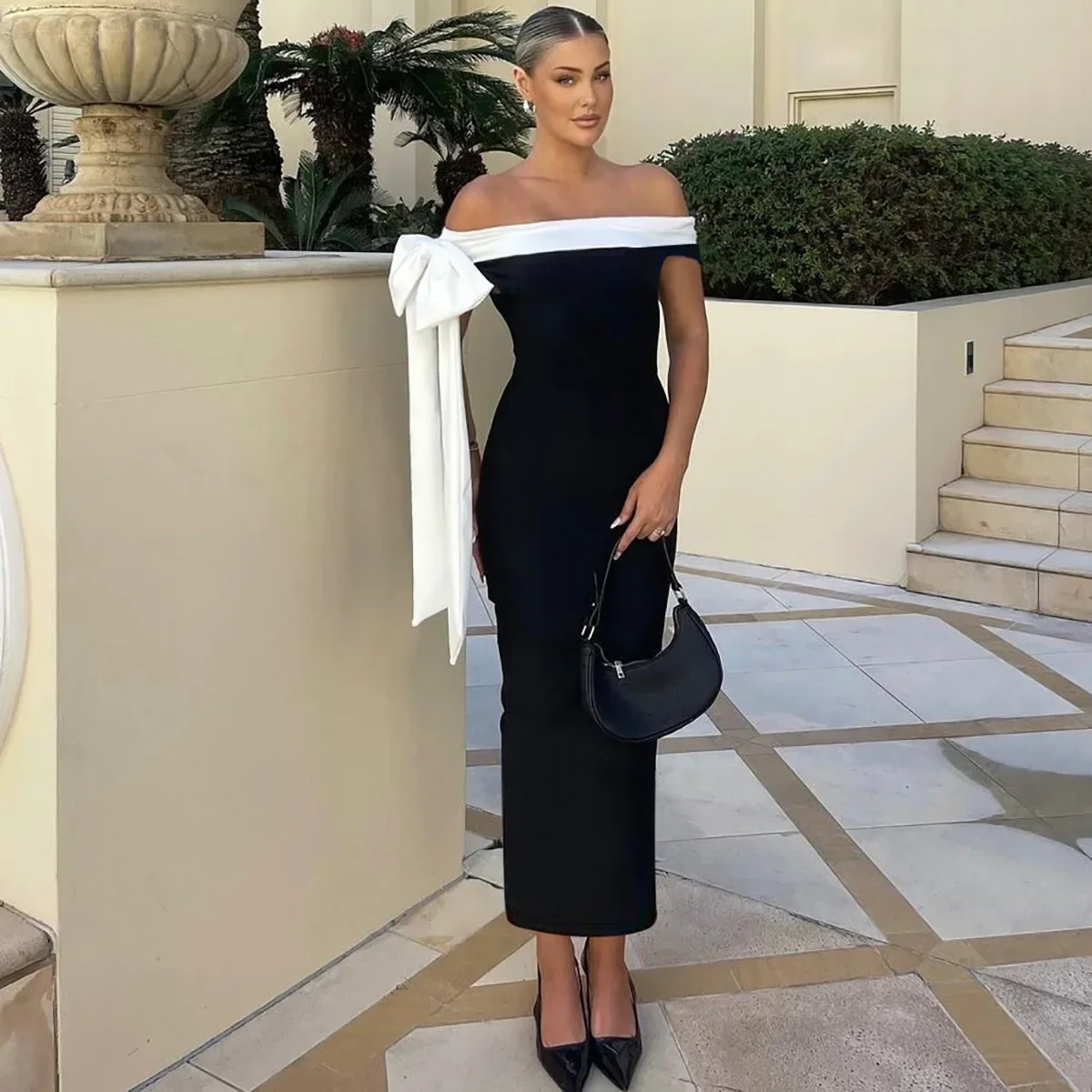 

Boat Neck Evening Dresses Off Shoulder Black White Bow Saudi Arabic Formal Party Gown Customized Ankle vestidos de festa