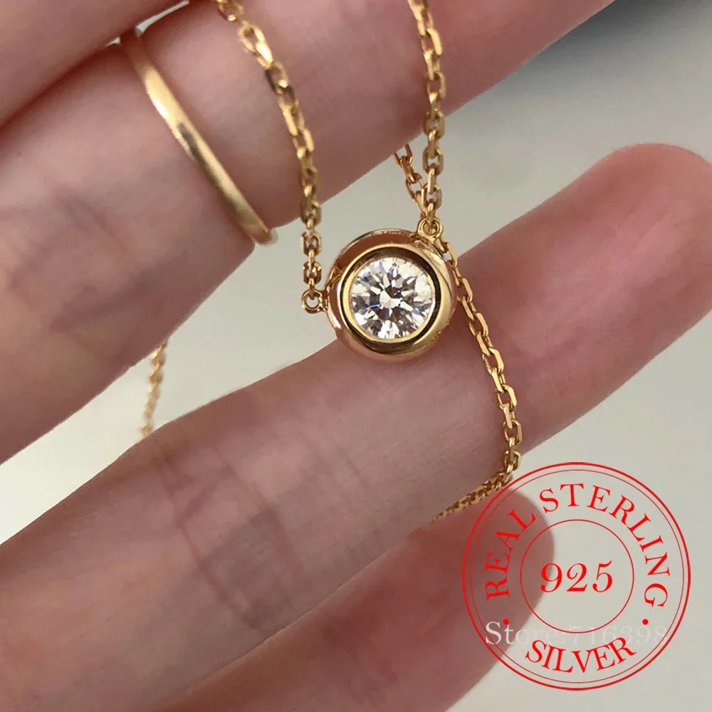 925 Sterling Silver Classic Round crystal Choker Necklace Pendant for Women 14K Gold Plated Necklaces Wedding Party Jewelry Gift