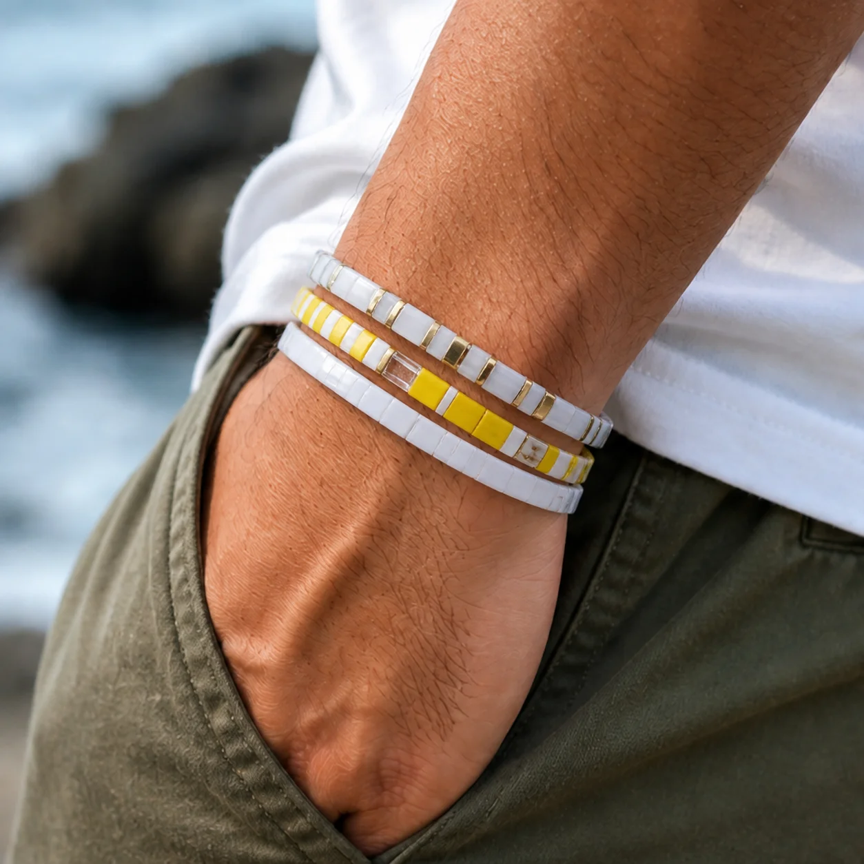 3pcs Geometric Glass Beaded Strand Bracelet White Yellow Clear Tile Beads Gold Tone Spacer Trendy Unisex Wrist Jewelry