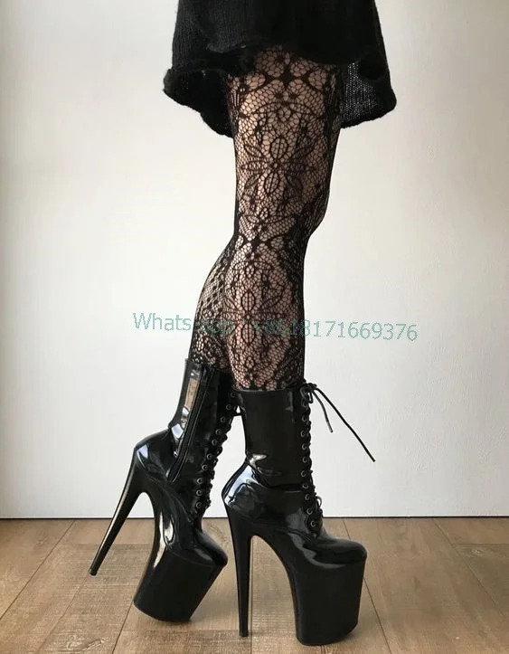 Black Fashion Super High Platform Stiletto High Heel Boots Women Club Mid-calf Round Toe Lace up Leather Boots Lady Sexy Shoes