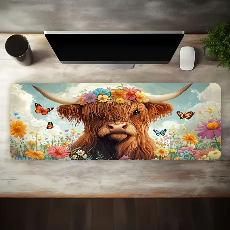 Highland Cow Floral Butterflies Desk Mat Oversized Non-Slip Gaming Mouse Pad for Office Decor