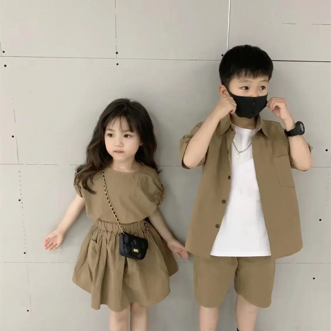 2022 Summer Kids Clothes Sets Brother Sister Matching Outfits Korean Children Clothing Suit Girls Blouse+Skirt Boys Shirt+Shorts