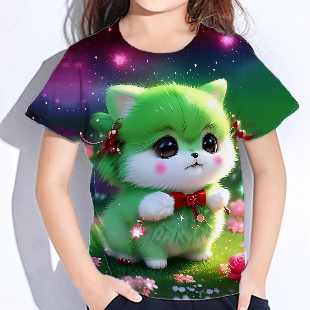 2024 Kids Clothes Blouse for Girls Kawaii Cat Girl Short Sleeve Tshirt Print Boys Clothes Polyester Girl Tee Shirt Child T-Shirt