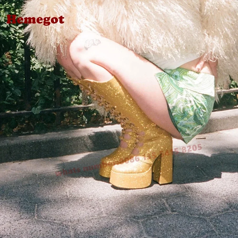

Velvet Platform Cut-Out Sandal Boots Gold Round Toe Chunky Heeled Buckles Women's Sandals Summer Solid Side Zipper Luxury Shoe