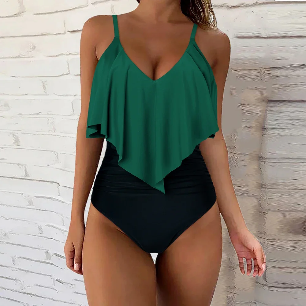 Tankini jednoczęściowy strój kąpielowy kobiety Plus Size strój kąpielowy z falbanami na ramionkach strój plażowy Monokini jednoczęściowy strój