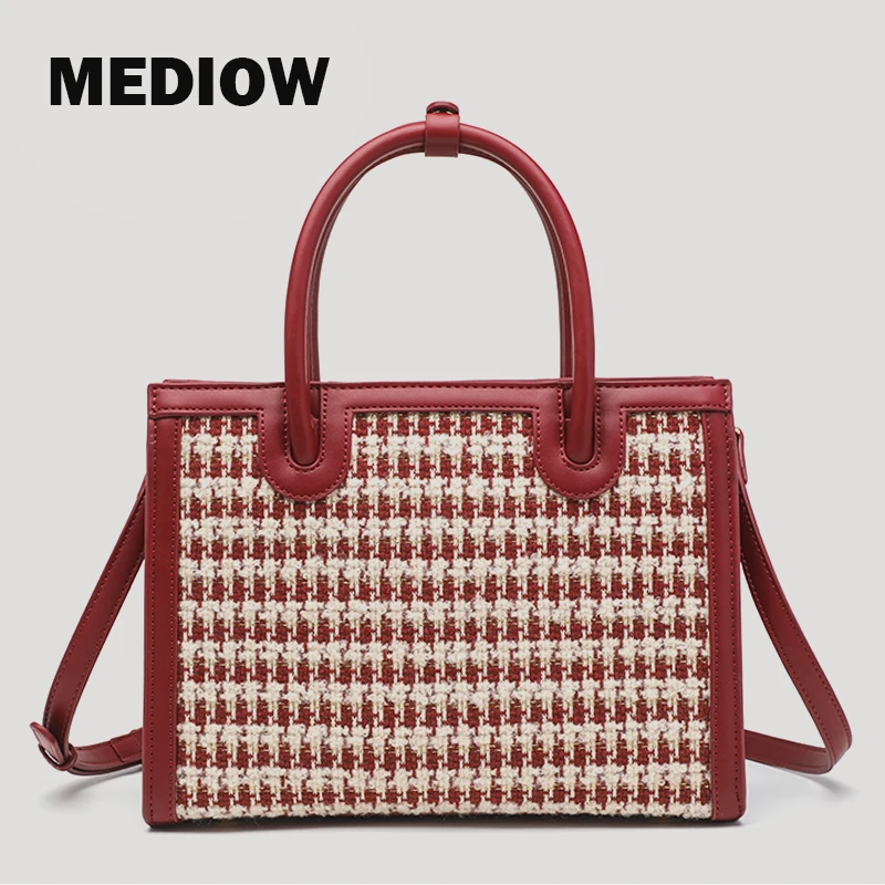 

MEDIOW Chinese Style Tote Bags For Women Luxury Designer Handbags And Purses 2023 New In Cotton Linen Houndstooth Top Handle Bag