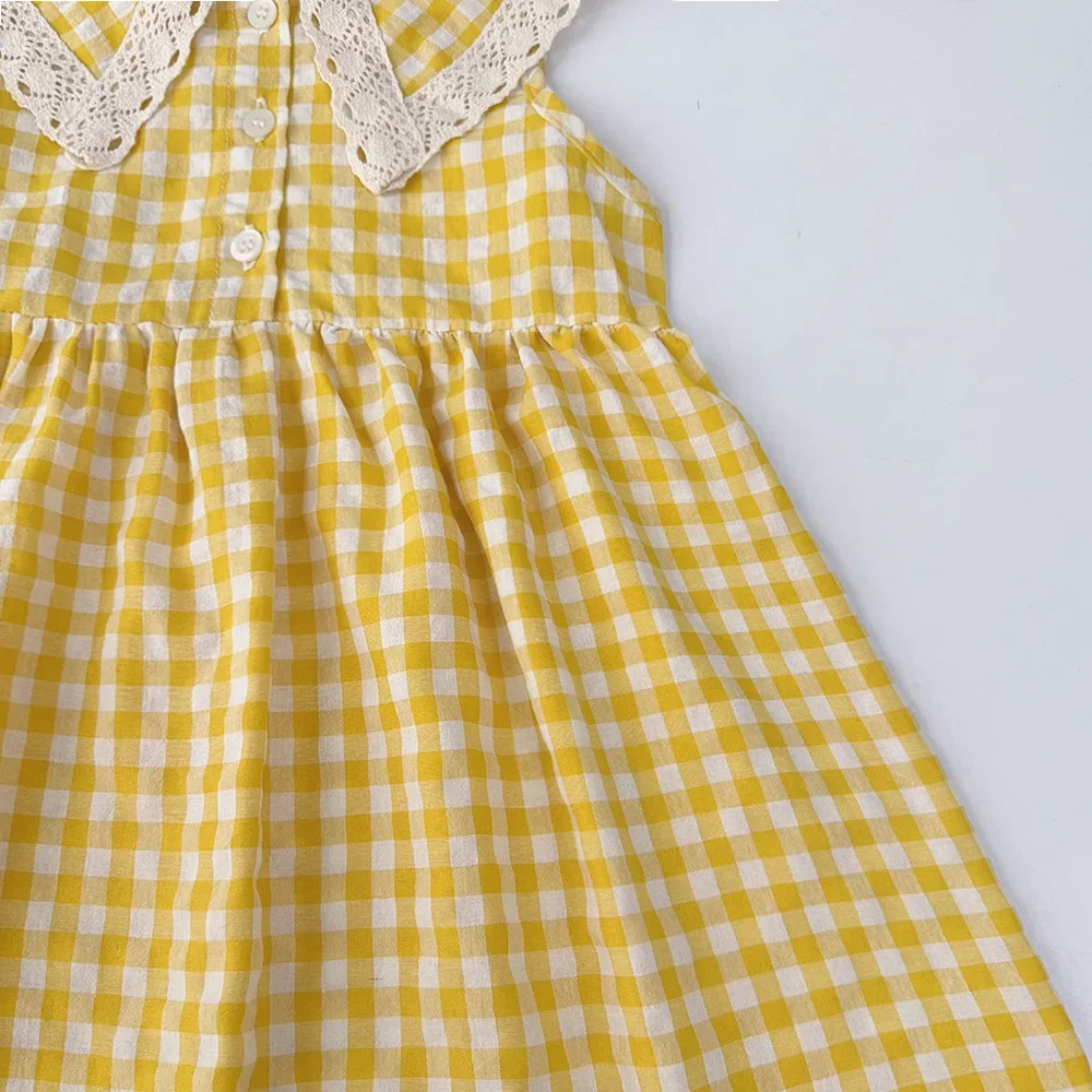 Casual Landschaft Stil Sommer Neue Spitze Revers Ärmelloses Plaid Kleid für Mädchen Süße Kleidung Koreanische Version – Detail 5