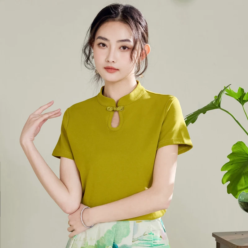 New Women Chinese Style T-shirt Summer Fashion Stand Collar Short Sleeve Loose Cotton Tees Tops Elegant Cheongsam T-shirt