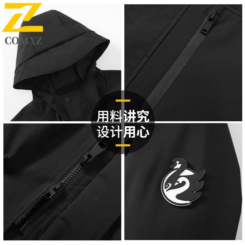 COMXZ 2025 Spring Long Workwear Jacket Men Hooded Casual Windproof Coat Trendy Mid Length Trench Coat Lightweight