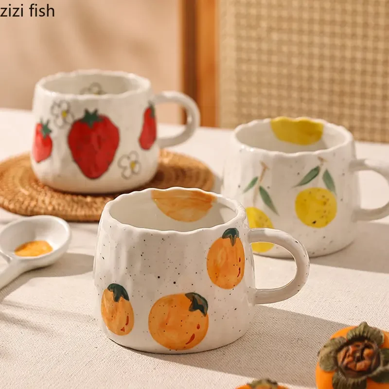 

Cartoon Fruit Pattern Ceramic Tea Coffee Cups Juice Breakfast Mugs Simple Home Handheld Type Milk Coffee Mugs Home Accessories
