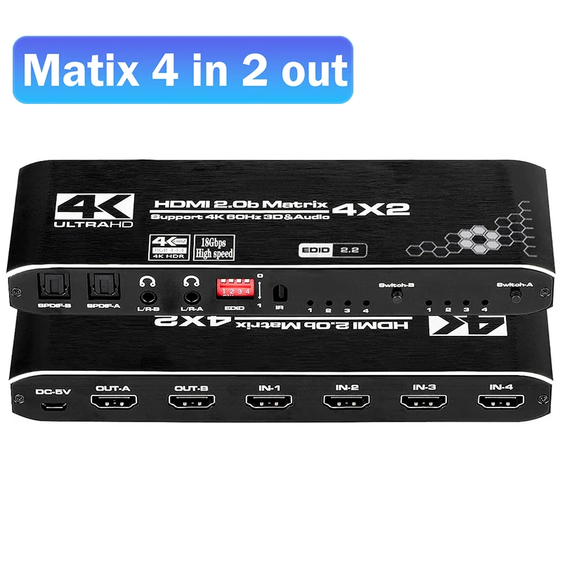 4K 60Hz HDMI Matrix 4x2 with Optical & 3.5mm Stereo Audio Out HDMI Matrix Switcher Splitter 4 in 2 Out with Extractor for PC TV