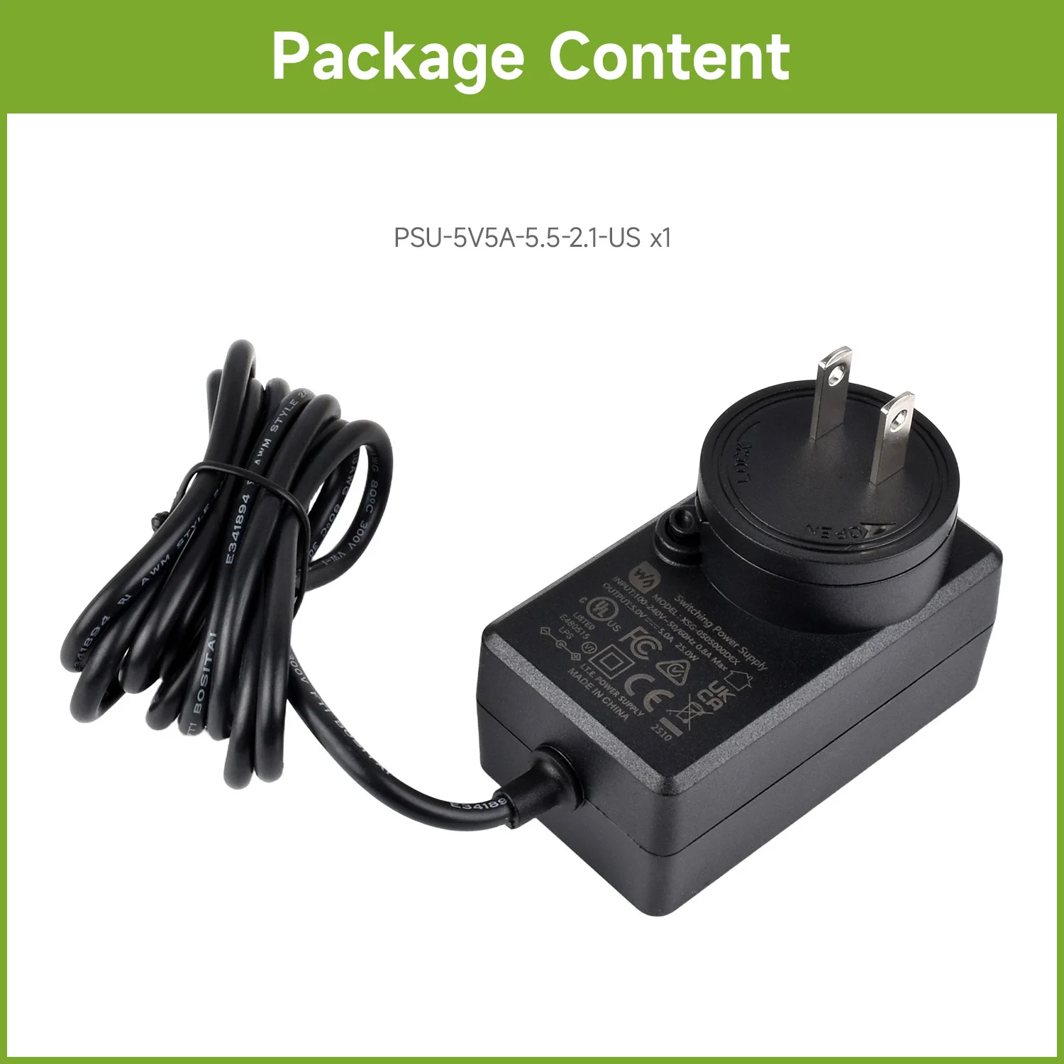 

Waveshare Power Supply, Power Adapter, 5V / 5A, DC Jack Output, OD 5.5mm, ID 2.1mm, Available In US / EU / UK Plug