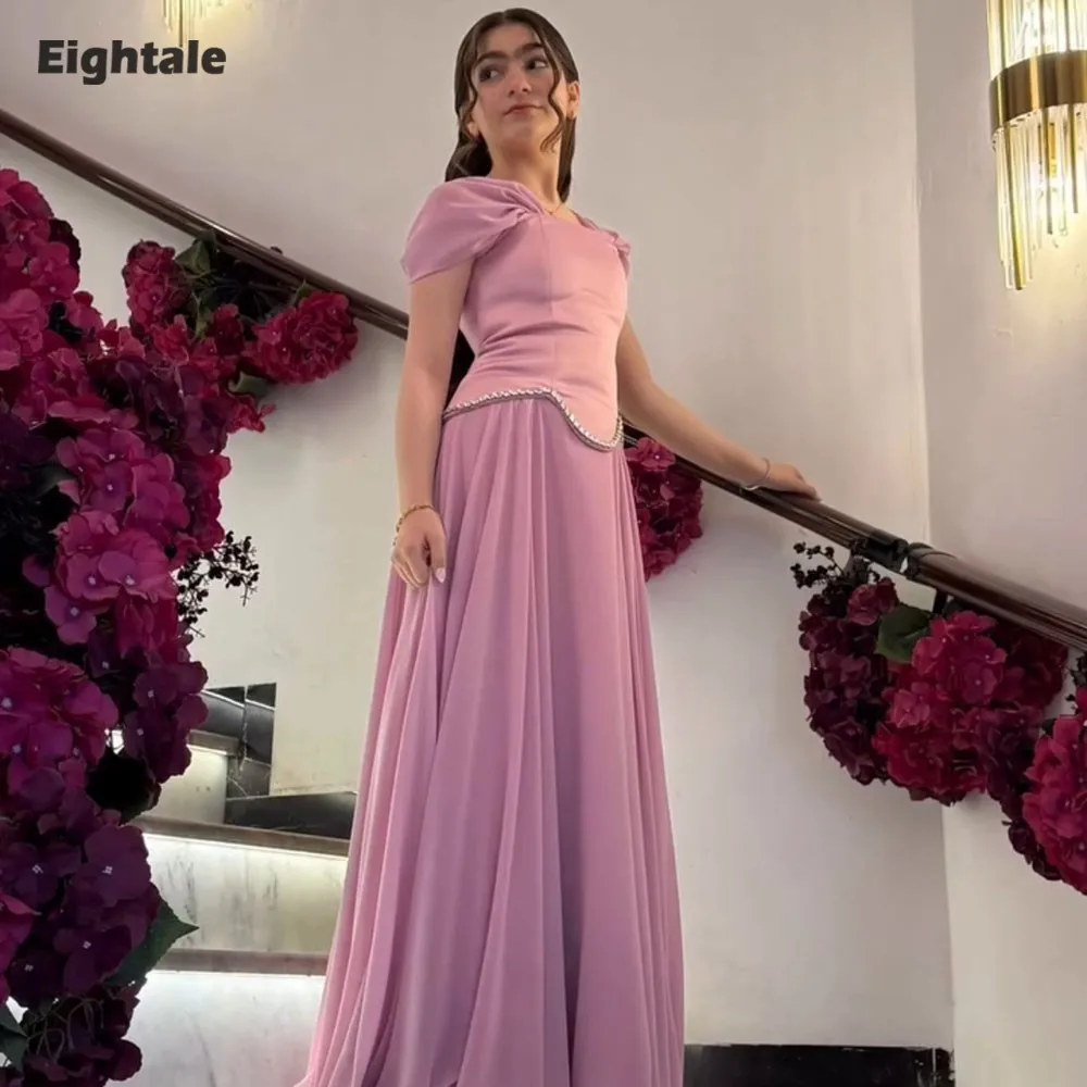 

Eightale Arabic Evening Dresses for Wedding Party Cap Sleeves Customized Chiffon Beaded A-Line Floor Length Muslim Prom Gowns