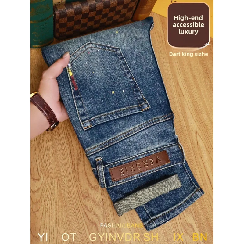 

Thick jeans men's new blue hand-painted graffiti nostalgic small leg pants autumn and winter 2025