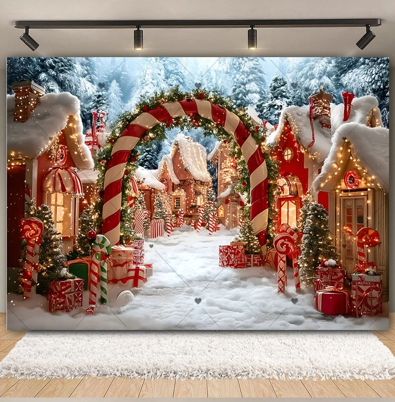Winter Kerst Fotografie Achtergrond Kerst Stad Snoep Huis Krans Boog Decoratie Jongens Meisjes Portret Achtergrond Fotostudio