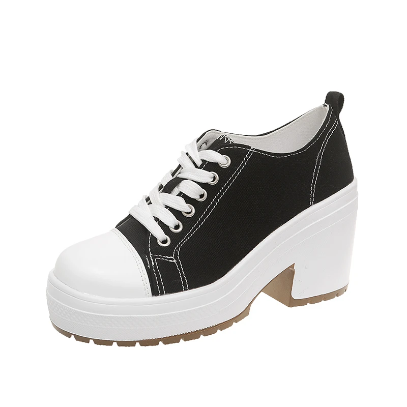 Women Canvas Sneakers Platform Heels Shoes Autumn Fashion 2024 New Brand Chunky Casual Lace Up Shoes Pumps Cozy Zapatillas Mujer