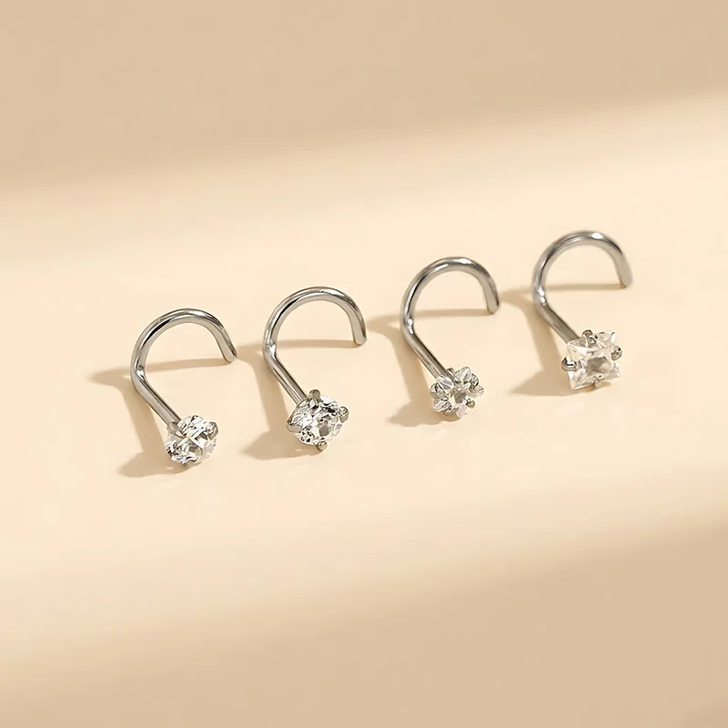 4pcs 316L Stainless Steel Nose Stud 20G CZ Nose Studs Screw L Shaped Bone Nostril Piercing Jewelry Unisex