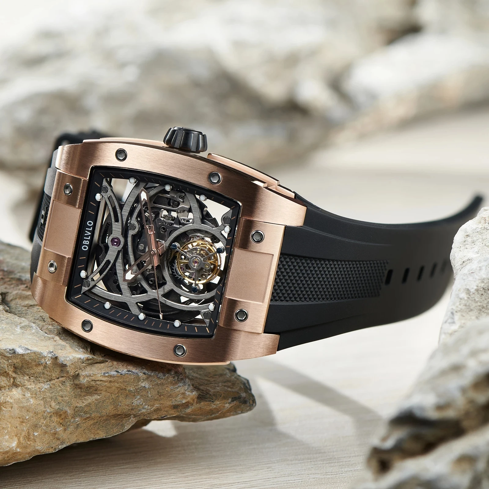 OBLVLO Luxury Rose Gold Flying Tourbillon Men Watch Automatic Self-Wind  Mechanical Watches Sapphire Mirror Waterproor Watch