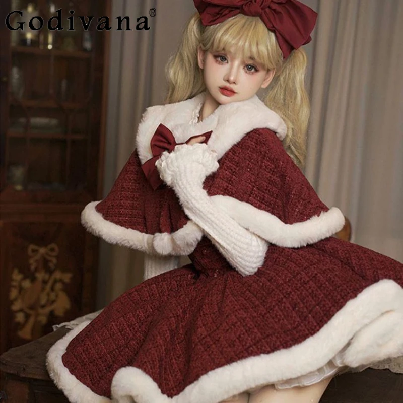 Winter New Red New Year Lolita Dress Set Women's Japanese Style Plush Cloak Coat Shawl Suit Female Princess Dress and Cape