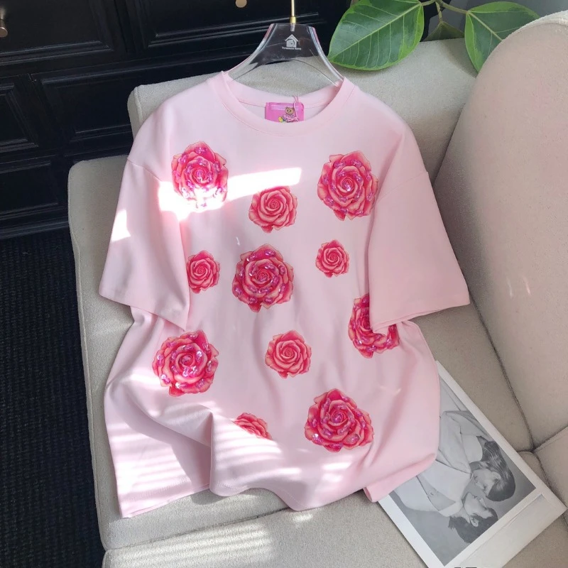 

2025 Spring New Korean Style Top Tees Sweet Fashion Handmade Beaded Rose Printed Crew Neck Short Sleeves T-Shirt Y2k Accessories