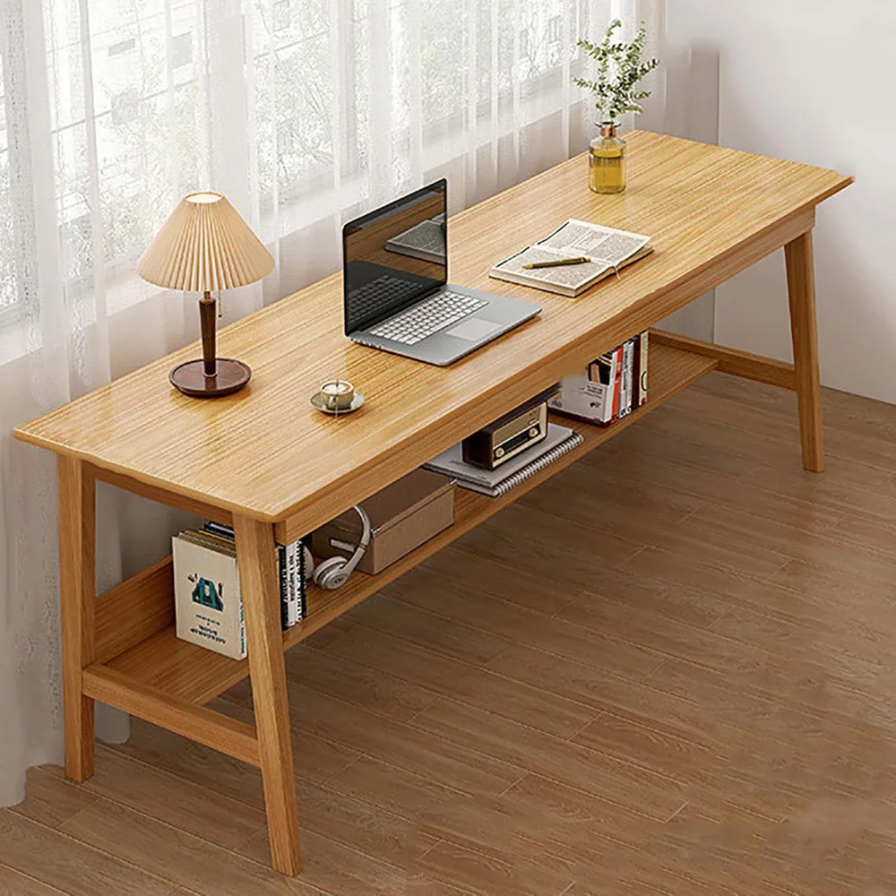 

Extra Long Solid Wood Desk,2-Person Writing Desk with Bookshelf,Large Computer Desk Workstation,Home Office Desk