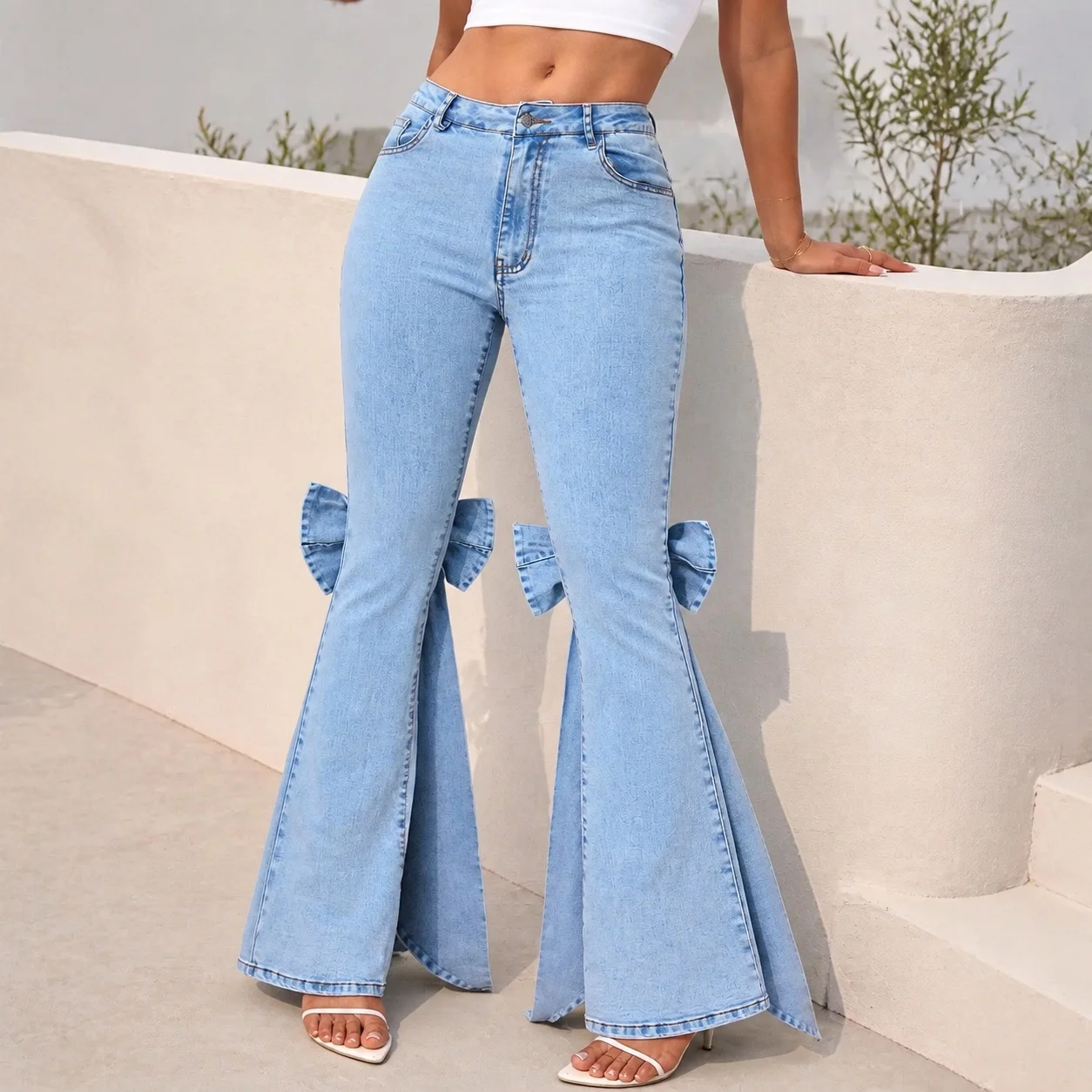 Women's Y2K Clothes Elegant Mid Waist Full Length Flared Wrinkle Free Slight Stretch Jeans with 3D Bow Detail and Split Hem