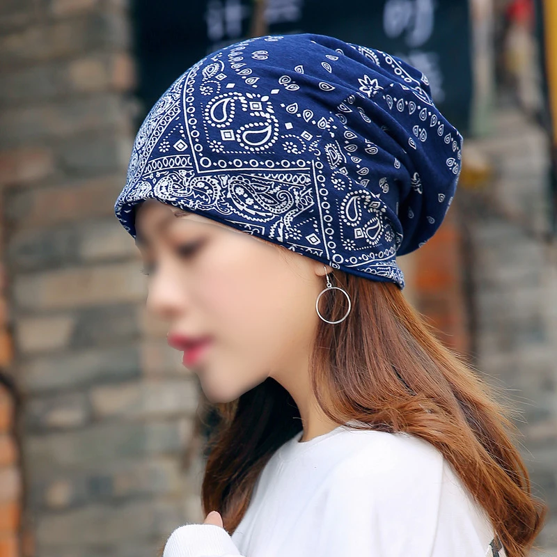 Printed Soft Pullover Hat Ethnic Style Series Windproof Cashew Nut Flower Maternity Hat Pile Hat Scarf Dual-Purpose Women