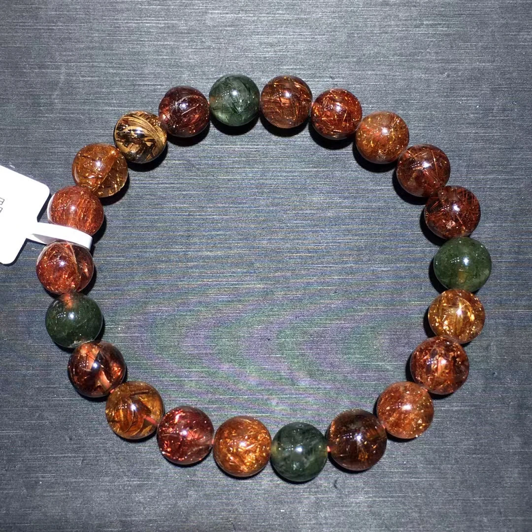 

9mm Natural Copper Rutilated Quartz Bracelet Cat Eye Clear Round Beads Green Rutilated Women Man Bracelet AAAAA