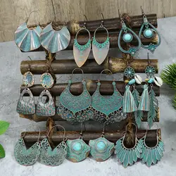 Ethnic Bronze Irregular Geometric Metal Earrings Jewelry Women's Vintage Leaf Flowers Turquoises Dangle Earrings Charm Jewelry