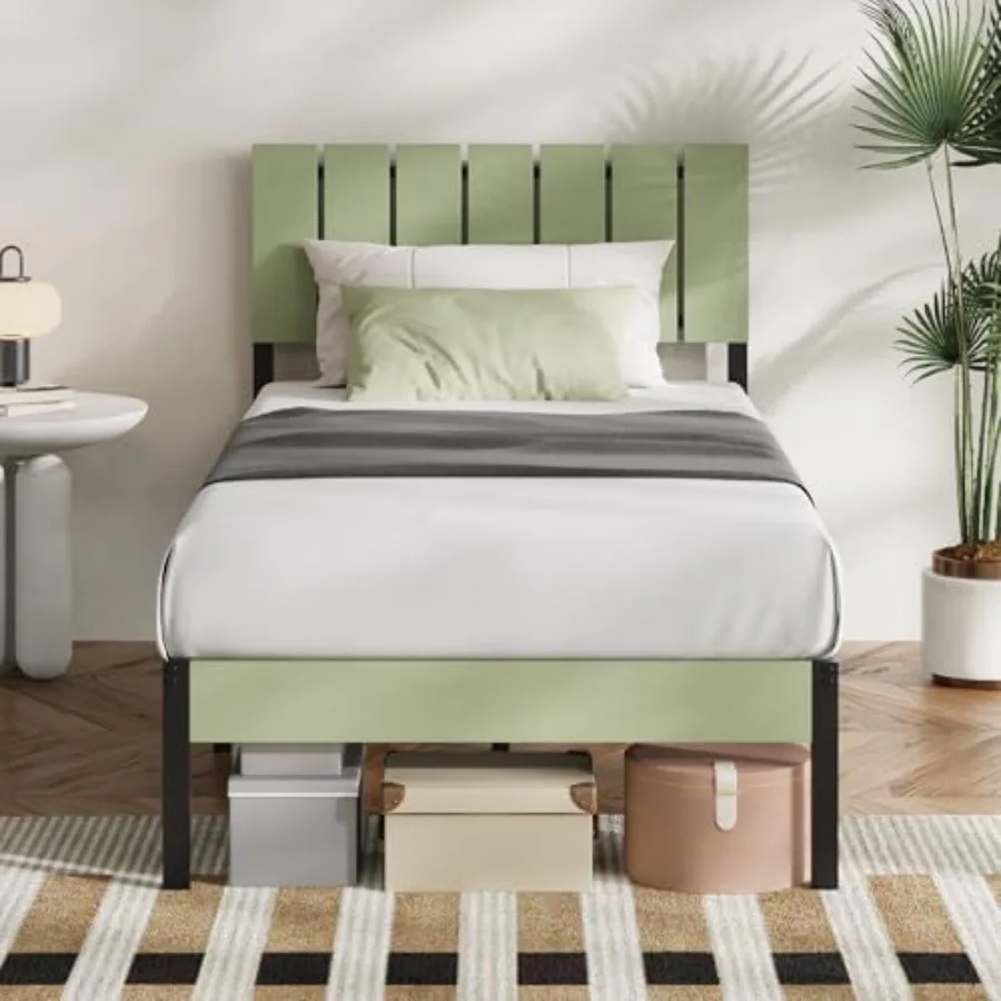 

Twin Bed Frame with Modern Wooden Slatted Headboard Easy Assembly Heavy Duty Metal Platform Noise-Free Under-Bed Storage No Box