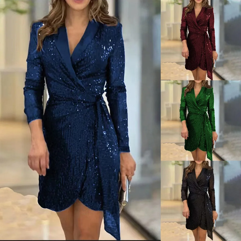 Women's Blazer Dresses Solid Color Fashion Sexy Belted Waist Series Sequined Suit Collar Long Sleeved Elegant Lace Up Dress