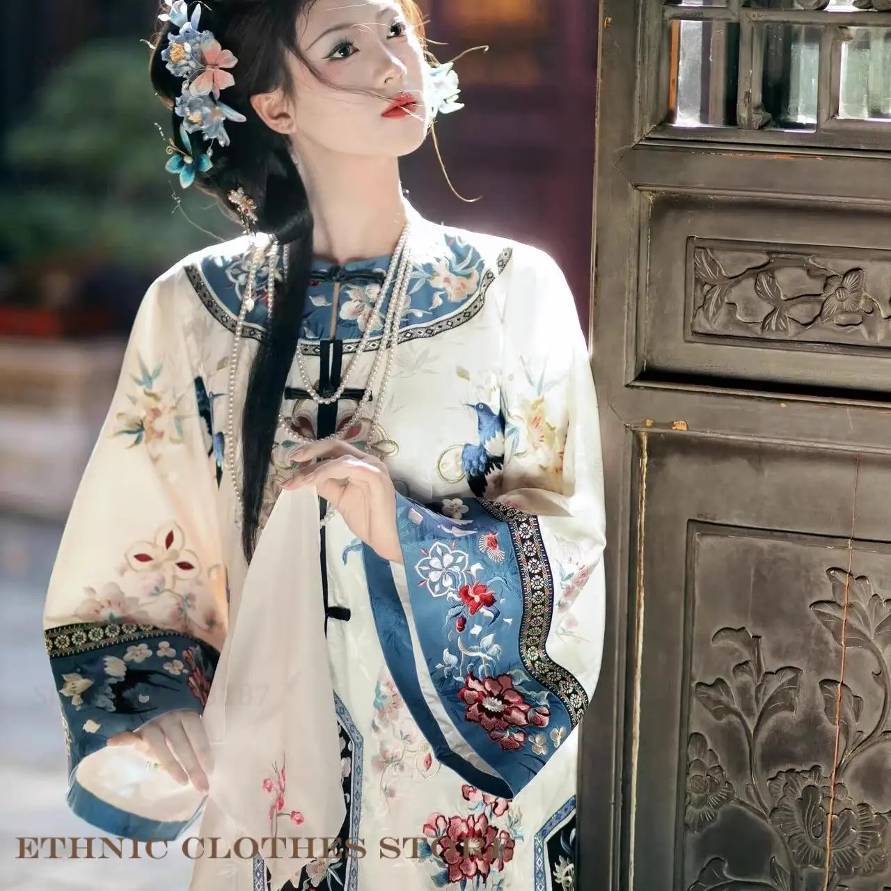 

Chinese Traditional Hanfu Dress Women Spring Qing Dynasty Princess Gege Cosplay Costume Palace Print Flower Horse Face Dress