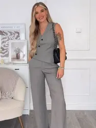 HH 2024 Female Causal Solid 2 Piece Pants Suit V-Neck Sleeveless Asymmetrical Vest+Front Zipper Straight Pants Elegant Set