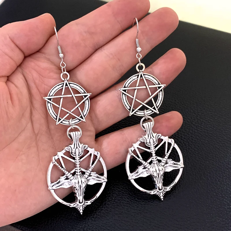 Gothic New Fashion Glamour Retro Women's Pentagram Pan God Skull Goat Head Pendant Earrings Gothic Witch Jewelry