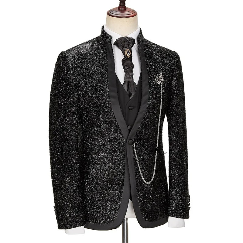 Set setelan pakaian Pria Hitam Glitter 2 buah Blazer + celana tuksedo pengantin pria buatan khusus jas pesta kantor pria mantel