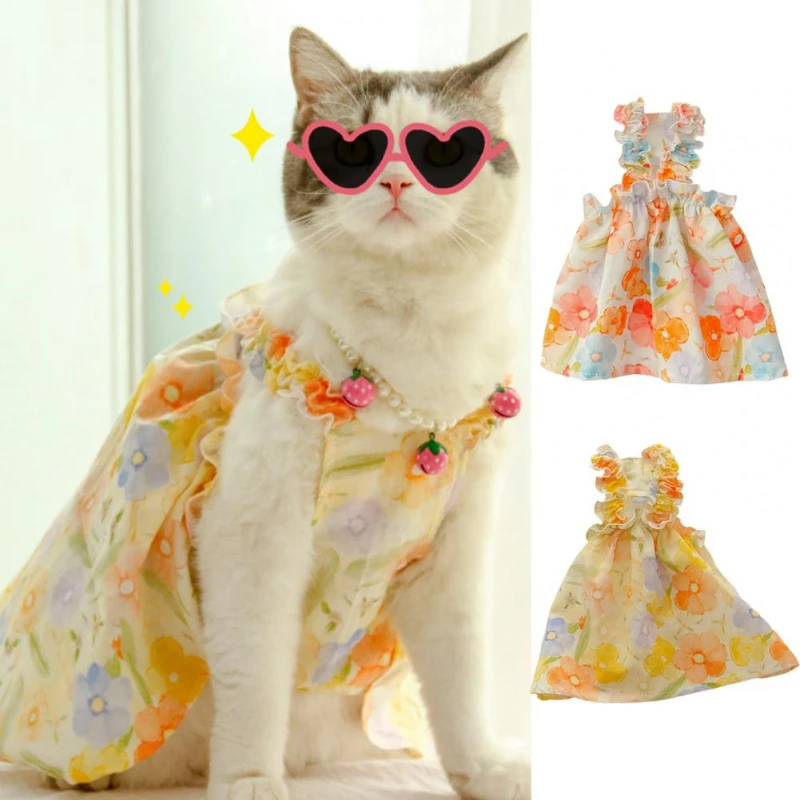 Summer Flower Dress Cat Pet Clothing Suspender Skirt For Cats Dogs Clothes Cat Small Print Cute Mesh Dogs Dress Pet Clothing