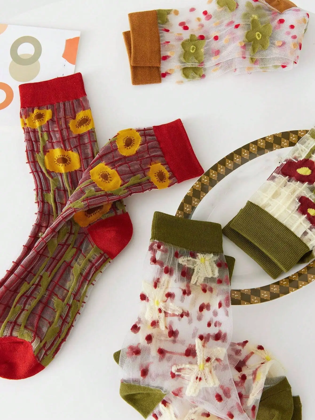 

5 pairs of essential women's flower transparent mesh socks for spring and summer, breathable fairy style trendy women's socks